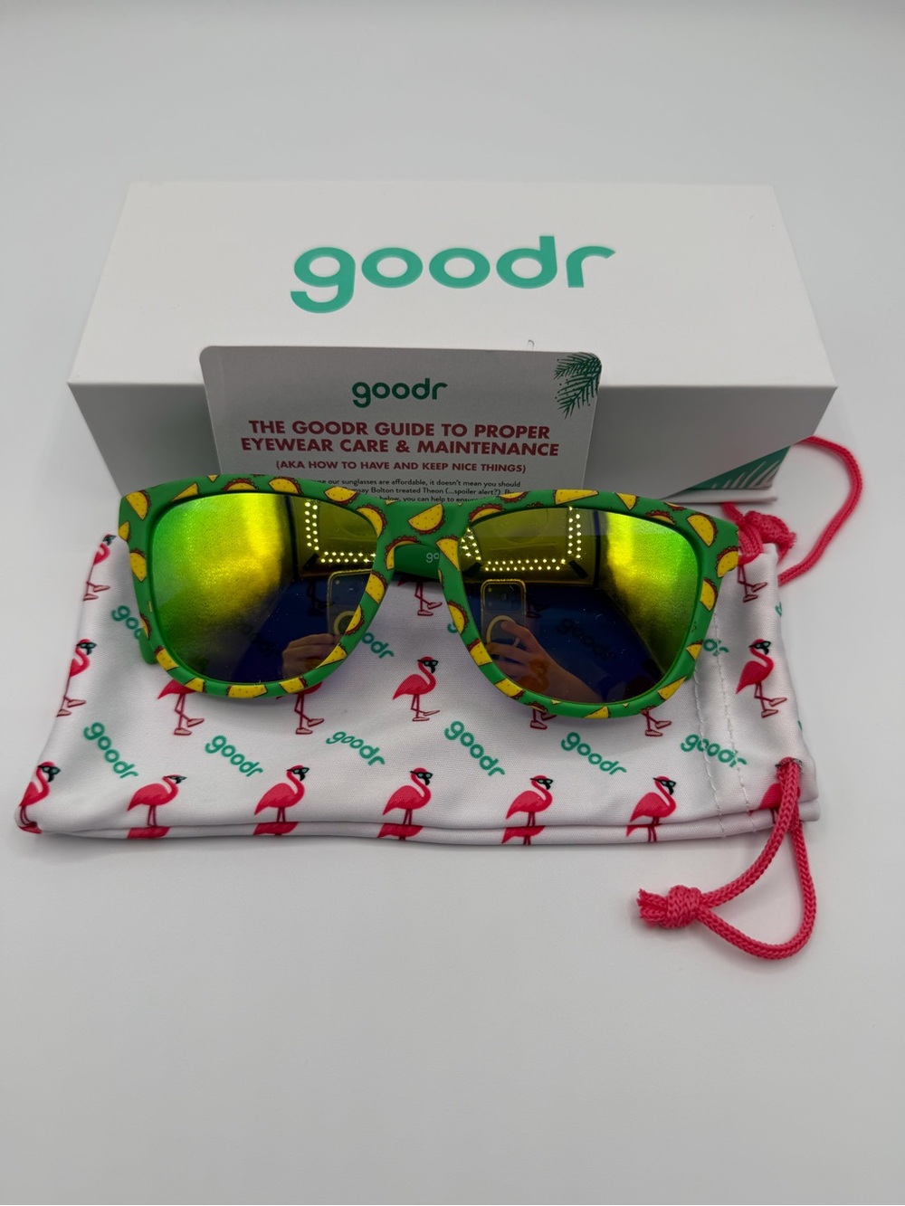Goodr Green Tacos Print Sunglasses - Mirrored Yellow-Green Lens - Picture 3 of 4